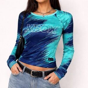 Y2K Xbox Meta Threads Women Small Teal Navy Graphic Sweatshirt Gamer Streetwear